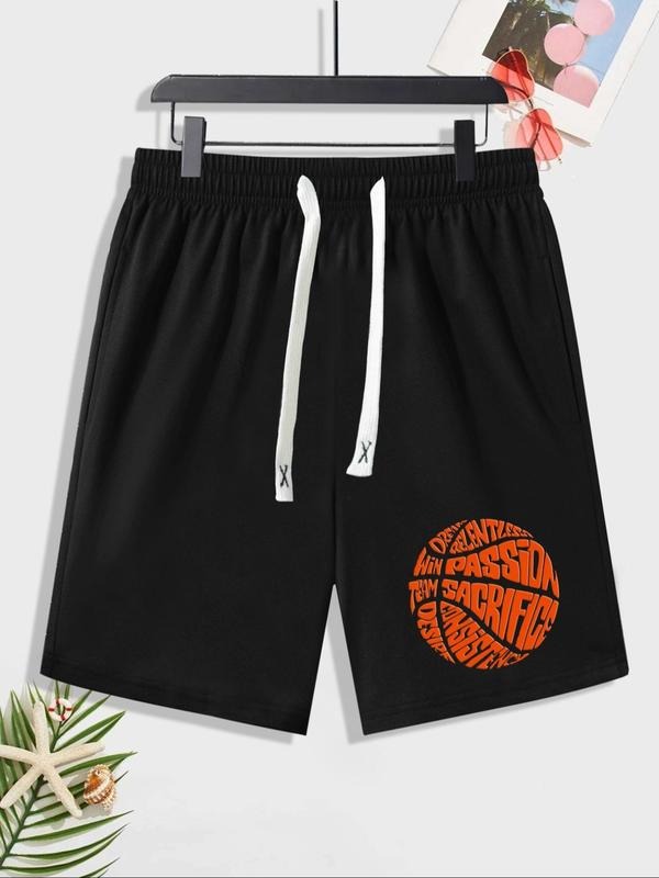 Men'WB shield Geometric & Letter Print Drawstring Shorts, Summer TNF, Casual Regular Fit Elastic Waist Shorts for Summer,...