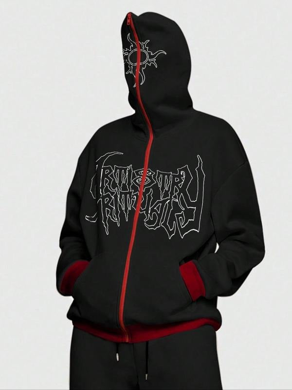 Men'WB shield Geometric & Letter Print Pocket Zipper Hoodie, Regular Fit Casual Long Sleeve Zip Up Hooded Jacket for...