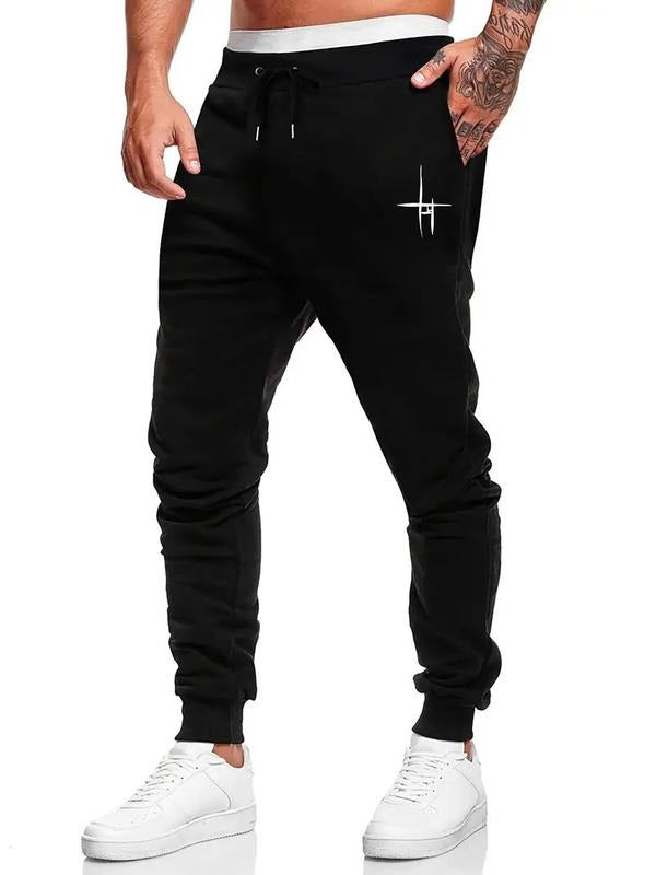 Men'WB shield Geometric Print Drawstring Waist Pants, Casual Comfy Regular Fit Pocket Jogger Pants for Spring & Fall,...