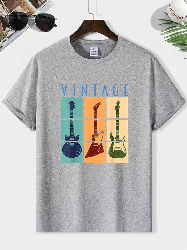 Men'WB shield Guitar & Letter Print Round Neck Graphic Tee, Vintage Trendy Casual Short Sleeve T-shirt for Daily Wear,...