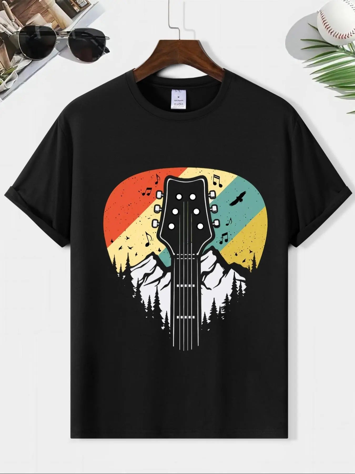 Men'WB shield Guitar & Mountain Print Round Neck Tee, Casual Short Sleeve Crew Neck T-shirt for Daily Wear, Streetwear,...