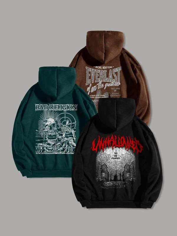 Men'WB shield Halloween Letter Graphic Drop Shoulder Hoodie, Fashion Casual Regular Fit Drawstring Pocket Hooded...