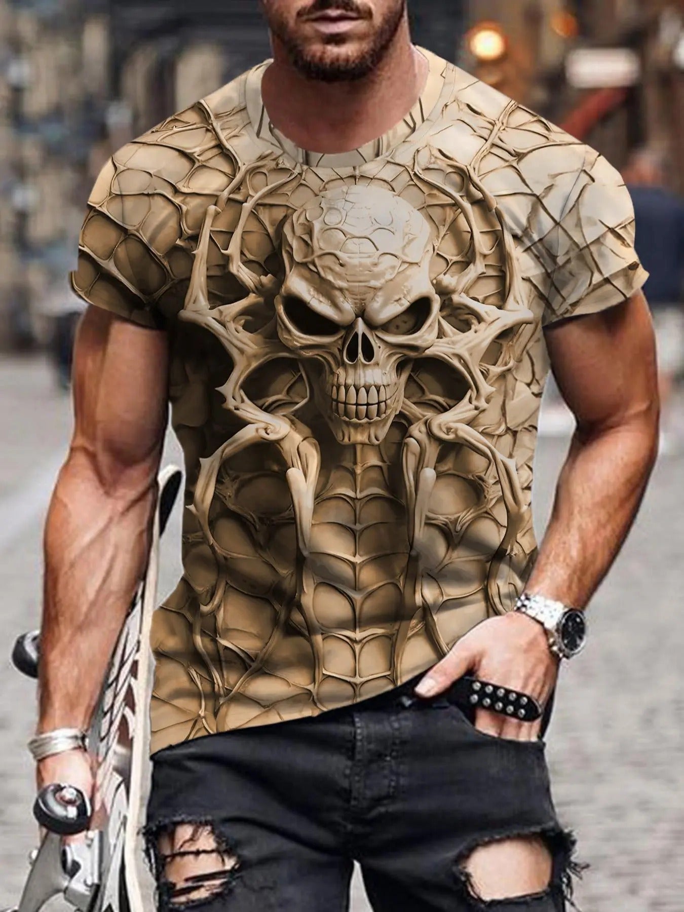 Men'WB shield Halloween Skeleton Print Round Neck Tee, Casual Regular Fit Short Sleeve T-shirt for Summer, Streetwear...