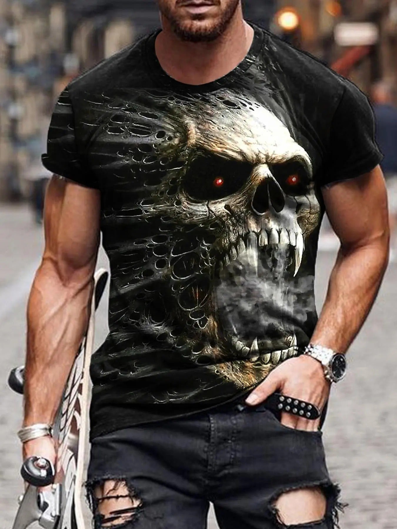 Men'WB shield Halloween Skull Print Round Neck Tee, Casual Regular Fit Short Sleeve Graphic T-Shirt for Summer,...