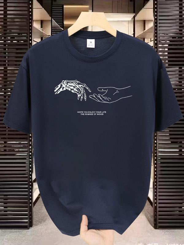 Men'WB shield Hand Print Slogan Short Sleeve Graphic Tee, Regular Fit Casual Fashion T-shirt for Summer Daily Wear,...
