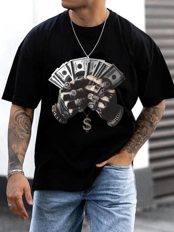 Men'WB shield Hands Graphic Drop Shoulder Crew Neck Tee, Regular Fit Casual Streetwear Spiky hair fighters Over Print...