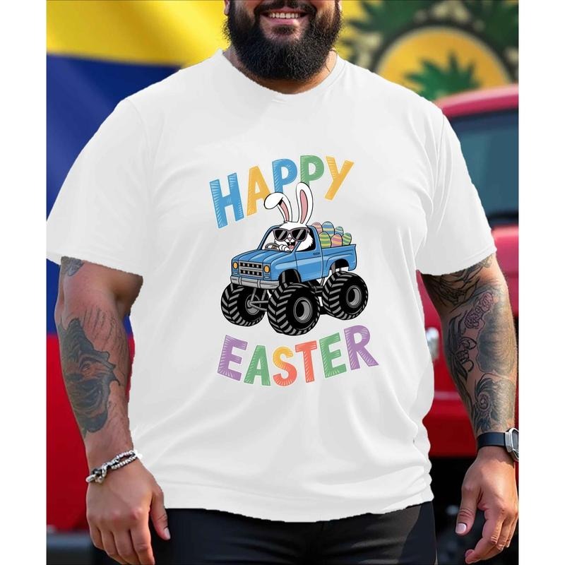 Men'WB shield Happy Easter T-Shirt - Red Short-Sleeve Crewneck with Easter Egg & Bunny Design, Large Size Casual Spring &...