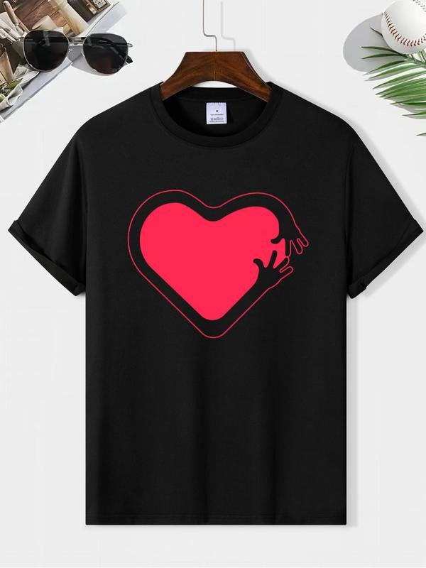 Men'WB shield Heart Print Round Neck Tee, Street Regular Fit Short Sleeve T-Shirt, Summer Outfits 2024, Graphic Tees,...