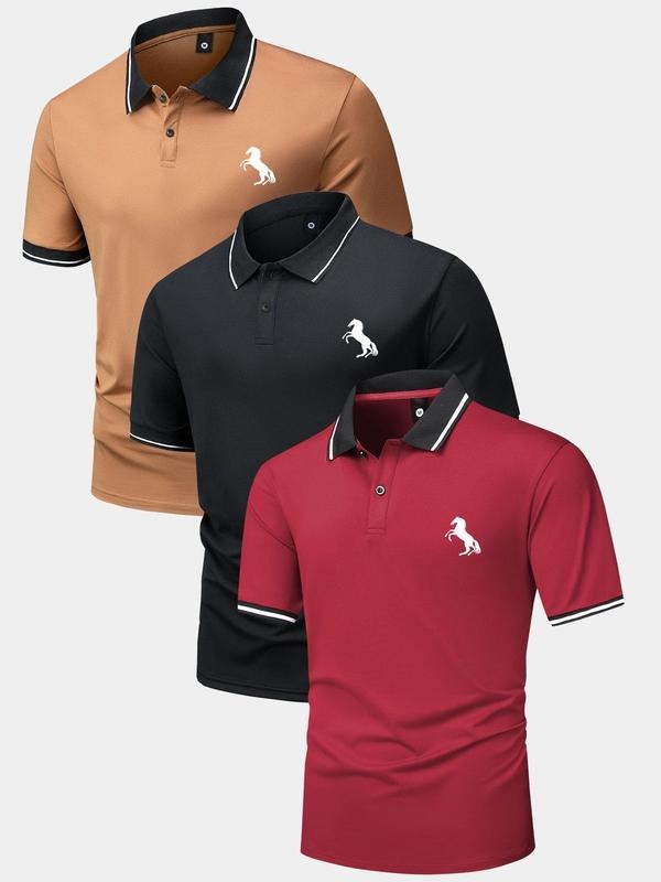 Men'WB shield Horse Print Contrast Trim Button Front Half Placket Polo Shirt, Regular Fit Casual Comfy Breathable Short...