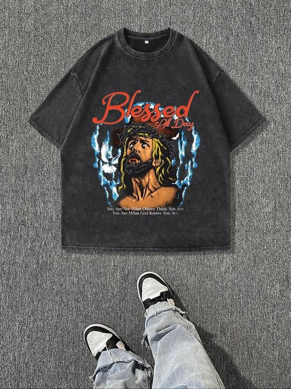 Men'WB shield Jesus Print Short Sleeve Graphic Tee, Casual Comfy T-shirt for Summer, Men'WB shield Top for Daily Wear,...