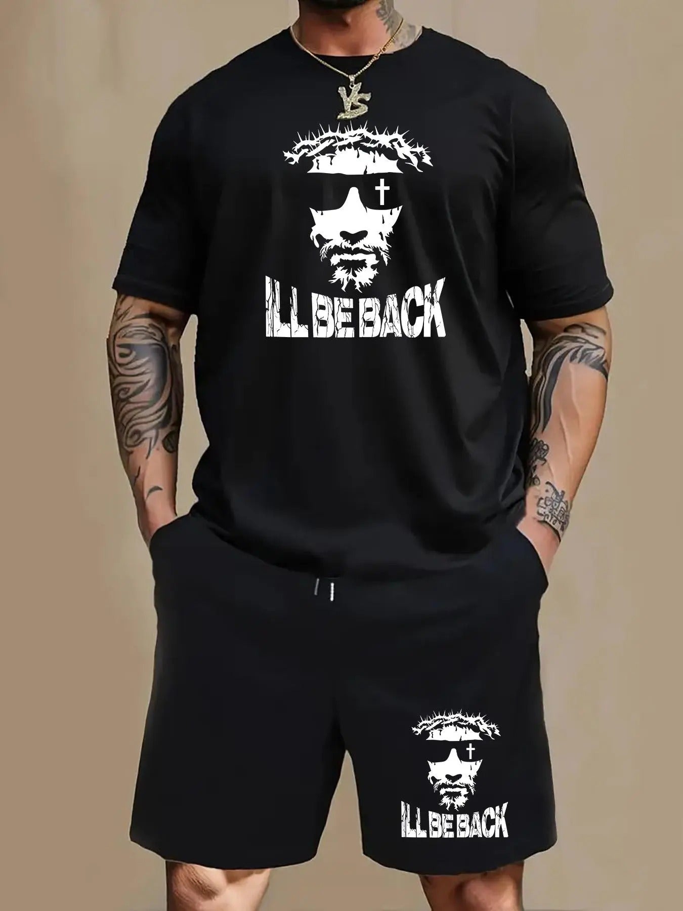 Men'WB shield Jesus Print Short Sleeve Tee & Shorts Set, Regular Fit Casual Round Neck T-shirt & Shorts, Men'WB shield...