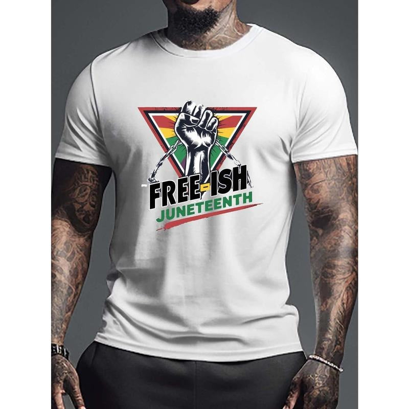 Men'WB shield Juneteenth Raised Fist Graphic T-Shirt - FREE-ISH JUNETEENTH Design, Vibrant Geometric Patterns,...