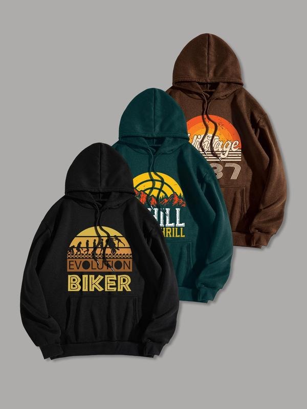 Men'WB shield Landscape & Letter Print Drop Shoulder Hoodie, Casual Regular Fit Drawstring Pocket Hooded Sweatshirt for...