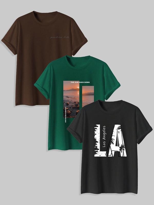 Men'WB shield Landscape Graphic Print Round Neck Tee, Regular Fit Casual Short Sleeve T-shirt for Summer, Men'WB shield...