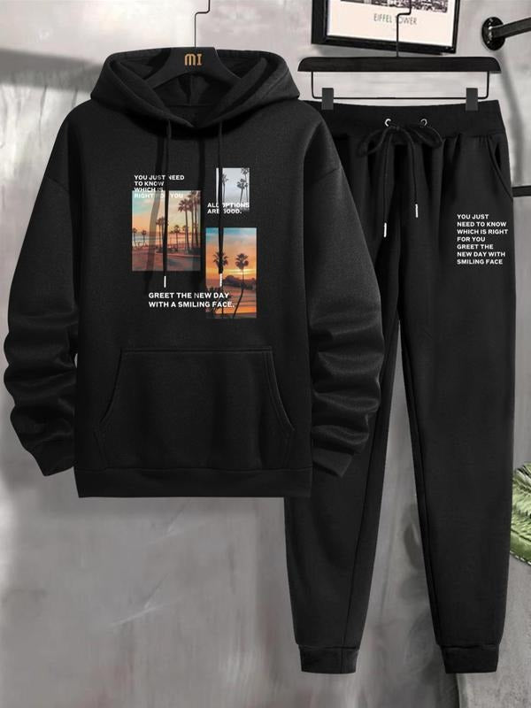 Men'WB shield Landscape Graphic Print Sweatpants Set, Hooded Sweatshirt & Pocket Jogger Pants, Casual Cozy Men Straw hat...
