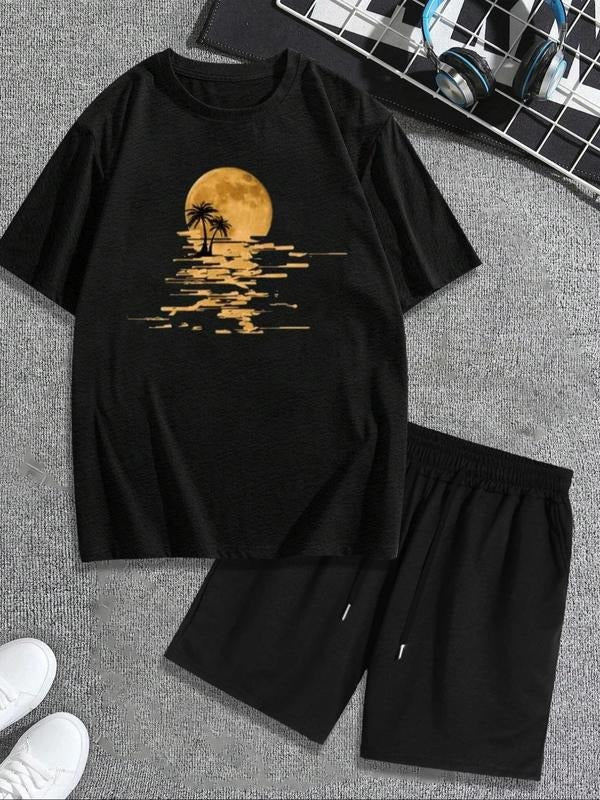 Men'WB shield Landscape Print Co-ord Set, Casual Drop Shoulder Tee & Drawstring Waist Shorts Set, Men Straw hat pirates...