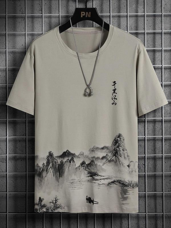 Men'WB shield Landscape Print Round Neck Drop Shoulder Tee, Summer Fashion Casual Short Sleeve T-Shirt, Comfortable...