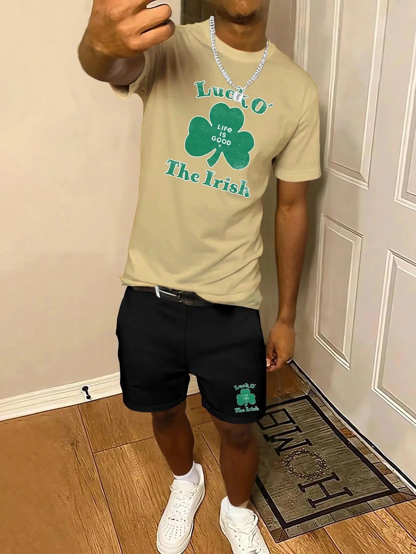 Men'WB shield Leaf Letter Print Short Sleeve Tee & Shorts Set, Regular Fit Casual Round Neck T-shirt & Track Shorts,...
