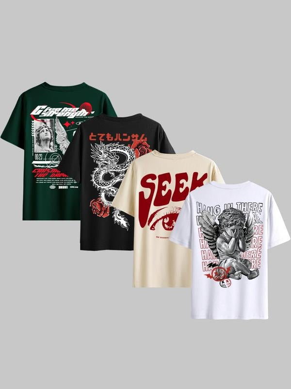 Men'WB shield Letter & Angel Graphic Print Round Neck Tee, Regular Fit Casual Short Sleeve T-shirt, Men'WB shield Summer...