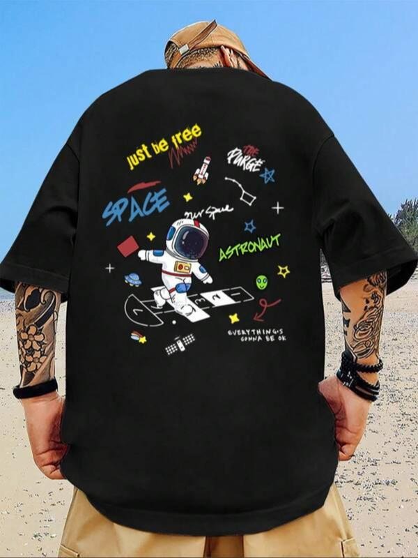 Men'WB shield Letter & Astronaut Print Drop Shoulder Tee, Summer TNF, Round Neck Half Sleeve T-Shirt for Summer, Men'WB...