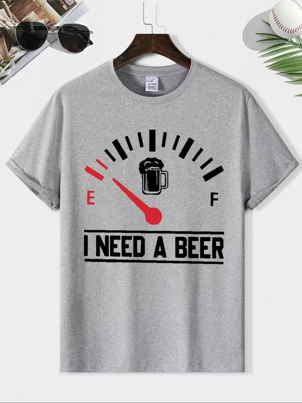 Men'WB shield Letter & Beer Print Round Neck Tee, Casual Short Sleeve T-shirt for Summer, Comfy Breathable Men'WB shield...