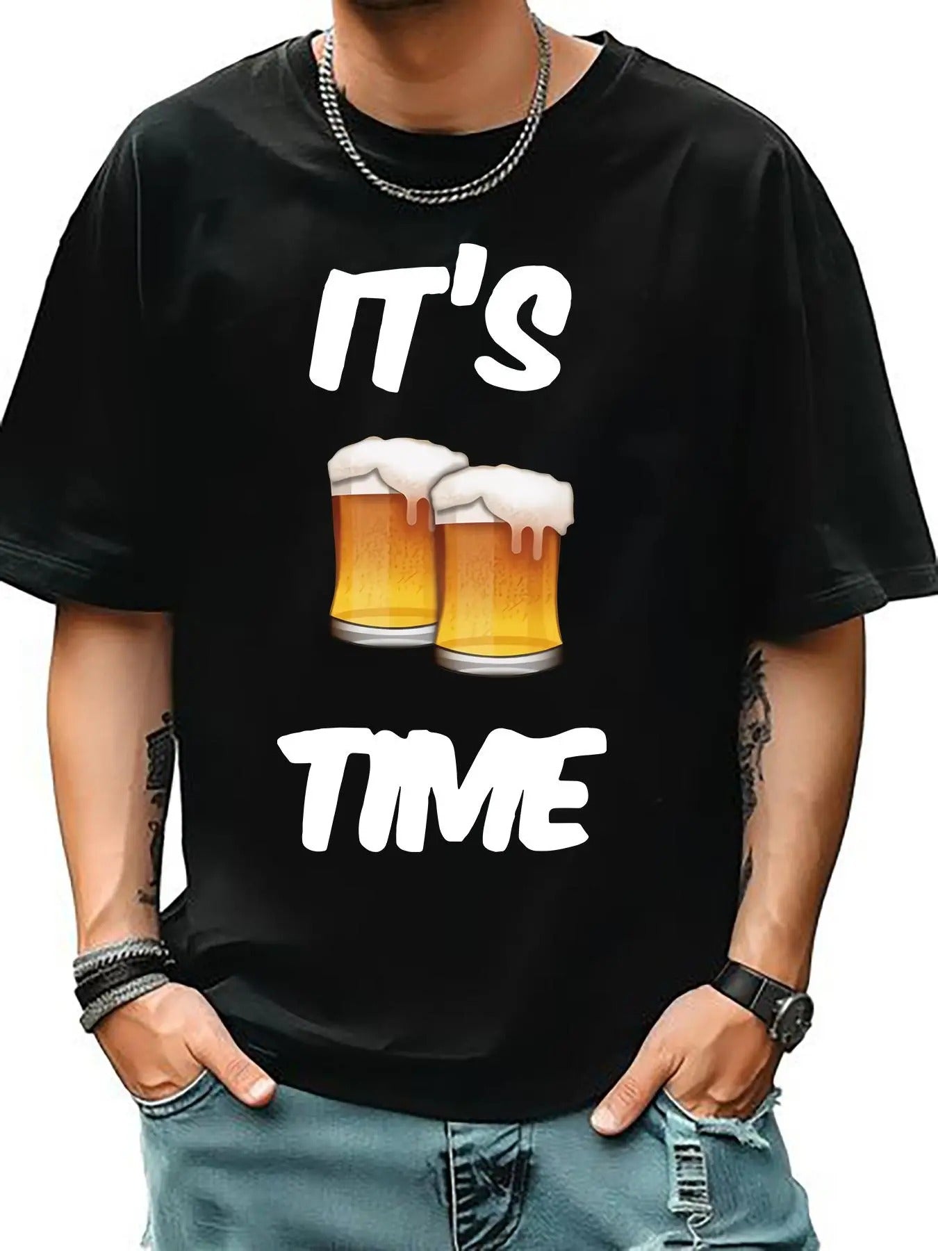 Men'WB shield Letter & Beer Print Round Neck Tee, Casual Short Sleeve T-shirt for Summer, Comfy Men'WB shield Top for...