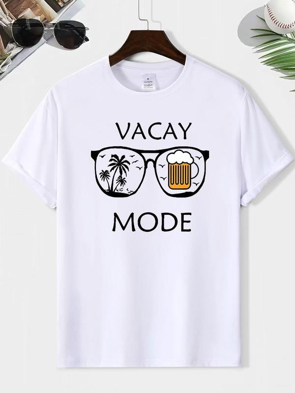 Men'WB shield Letter & Beer Print Round Neck Tee, Loose Casual Fashion Graphic Short Sleeve T-shirt for Summer, Men'WB...
