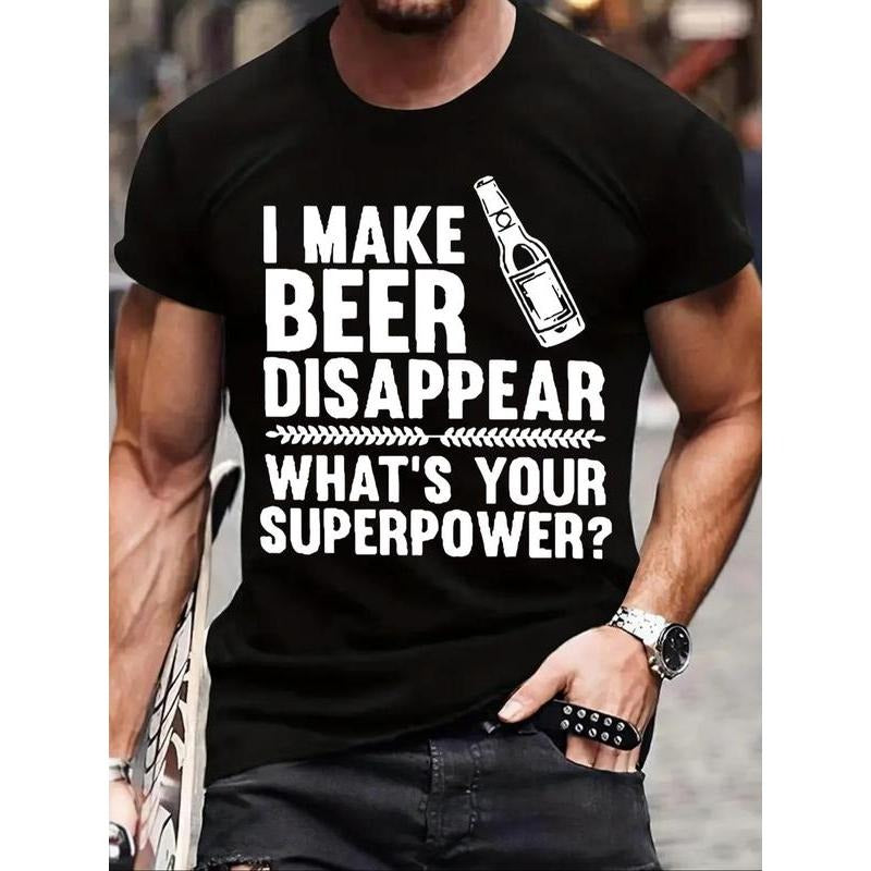 Men'WB shield Letter & Beer Print Round Neck Tee, Regular Fit Casual Short Sleeve Crew Neck T-shirt, Men'WB shield Top...