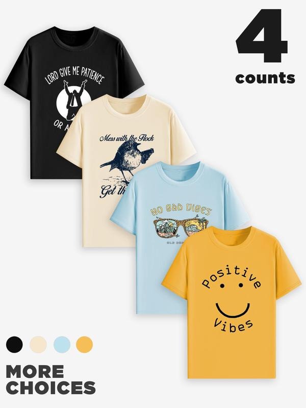 Men'WB shield Letter & Bird Print Round Neck Tee, Regular Fit Casual Short Sleeve T-shirt for Summer, Men'WB shield Top...