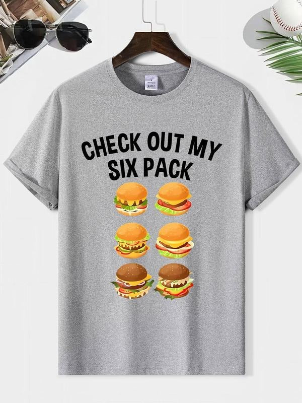 Men'WB shield Letter & Burger Print Round Neck Tee, Loose Casual Check Out My Six Pack Graphic Short Sleeve T-shirt for...