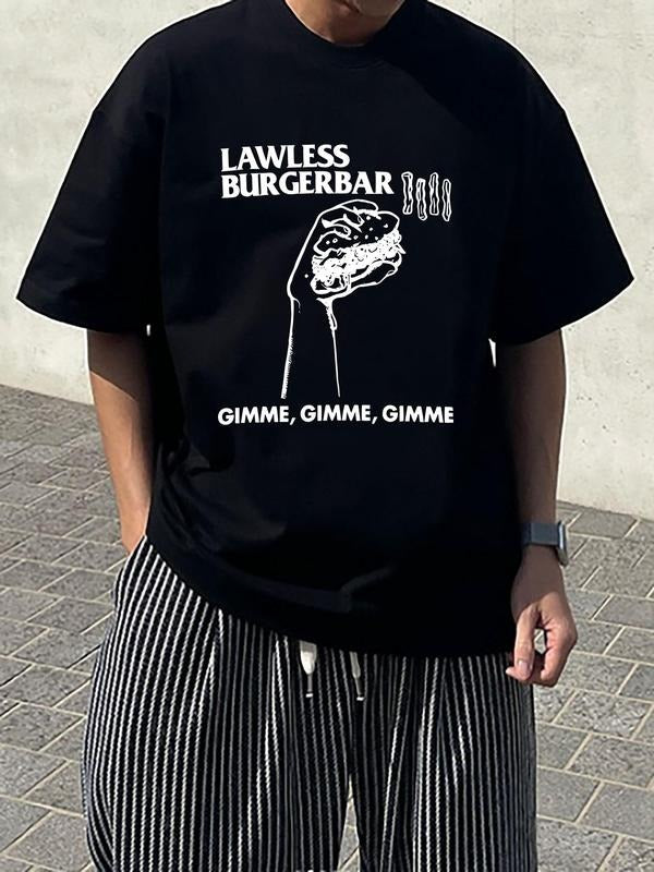 Men'WB shield Letter & Burger Print Round Neck Tee, Loose Casual Short Sleeve T-shirt for Summer, Men'WB shield Top for...