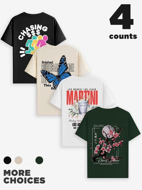 Men'WB shield Letter & Butterfly Print Short Sleeve Graphic Tee, Regular Fit Casual Round Neck T-shirt for Summer, Men'WB...