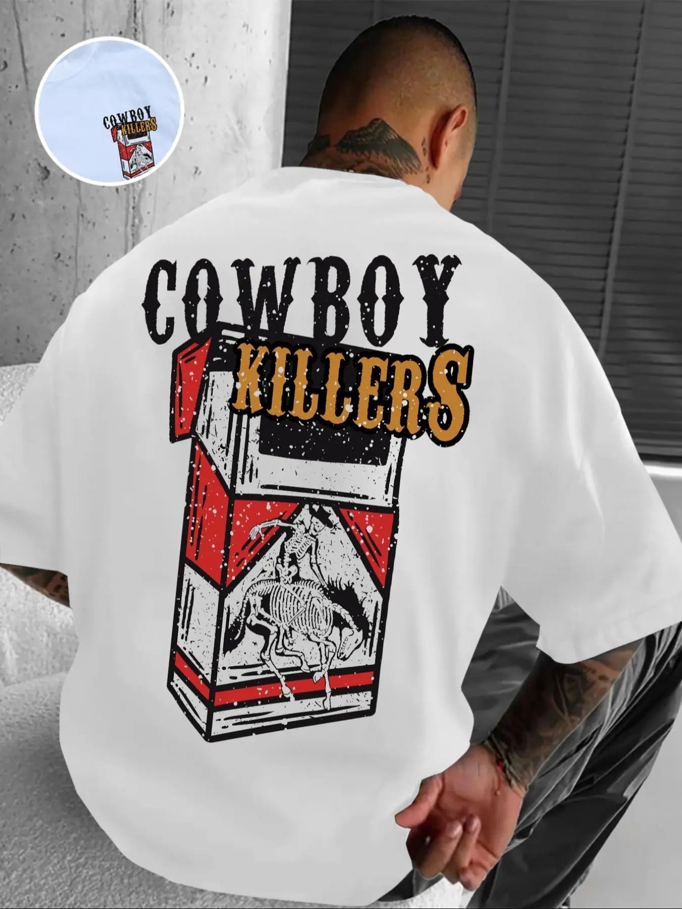 Men'WB shield Letter & Cigarette Print Round Neck Tee, Loose Casual Short Sleeve T-shirt for Daily Wear, Men'WB shield...
