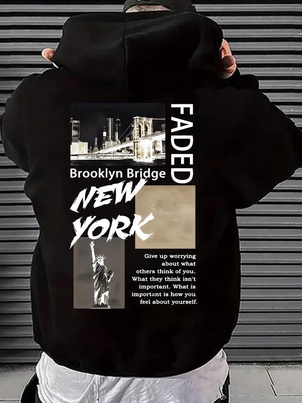 Men'WB shield Letter & City Print Drop Shoulder Hoodie, Fashion Casual Regular Fit Drawstring Pocket Hooded Sweatshirt...