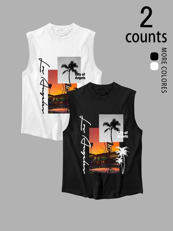 Men'WB shield Letter & City Print Tank Top, Regular Fit Casual Sleeveless Round Neck Top for Summer, Men'WB shield Top...