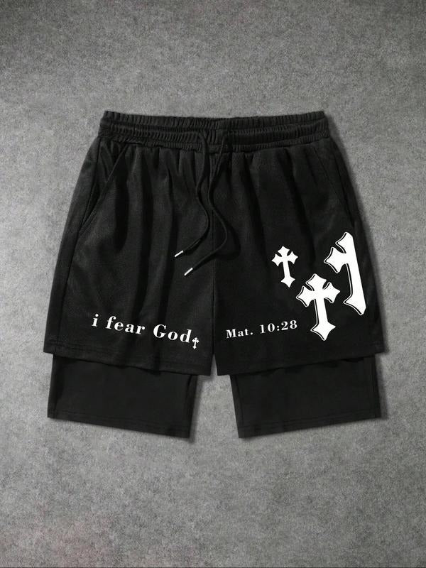 Men'WB shield Letter & Cross Print Drawstring Waist Shorts, Regular Fit Casual Comfy Breathable Shorts for Summer, Men'WB...