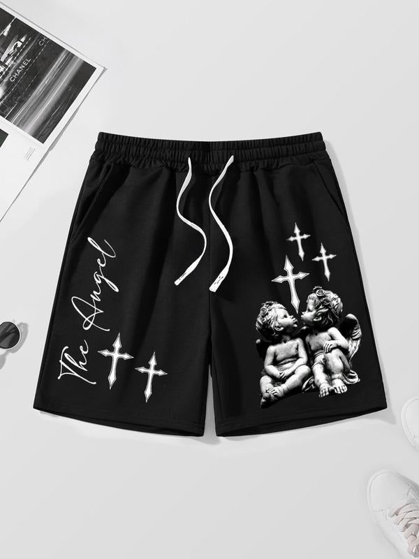 Men'WB shield Letter & Cross Print Drawstring Waist Shorts, Regular Fit Casual Pocket Design Shorts for Summer, Men'WB...