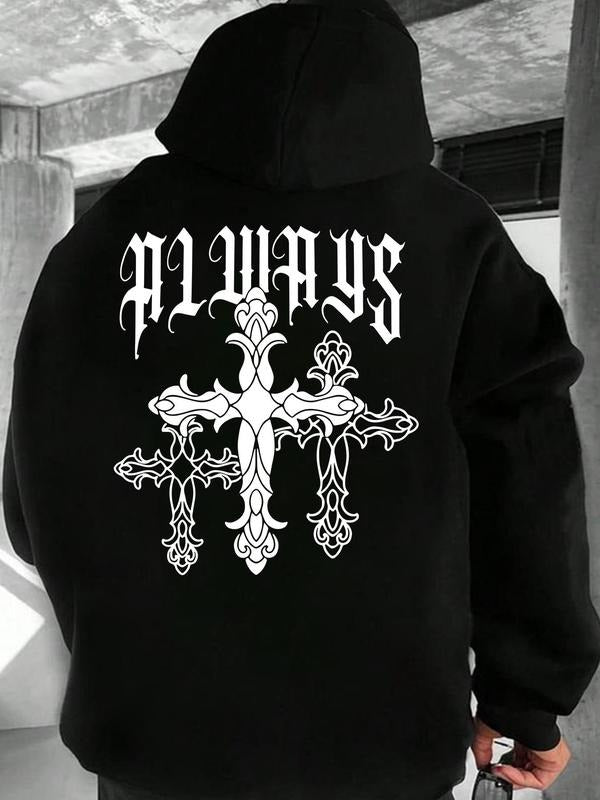 Men'WB shield Letter & Cross Print Drop Shoulder TNF Lined Hoodie, Fashion Casual Regular Fit Drawstring Pocket Hooded...