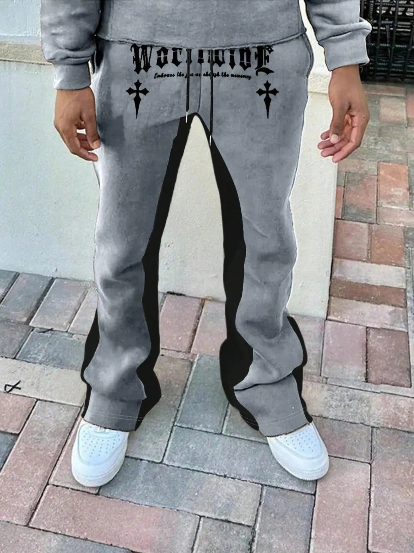 Men'WB shield Letter & Cross Print Patchwork Flare Leg Sweatpants, Street Fashion Casual Drawstring Waist Trousers for...