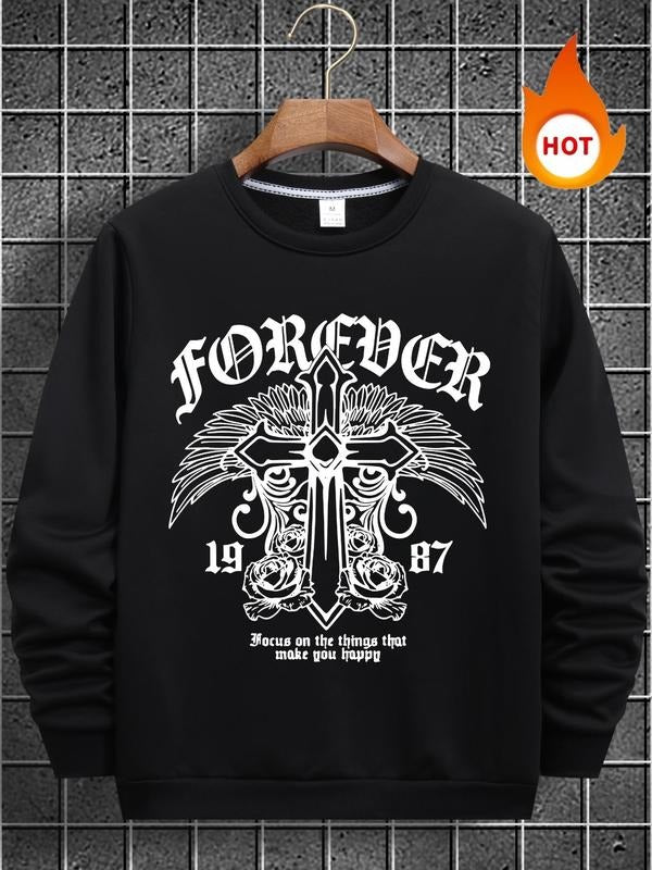 Men'WB shield Letter & Cross Print Round Neck Sweatshirt, Regular Fit Casual Long Sleeve Crew Neck Pullover for Fall &...