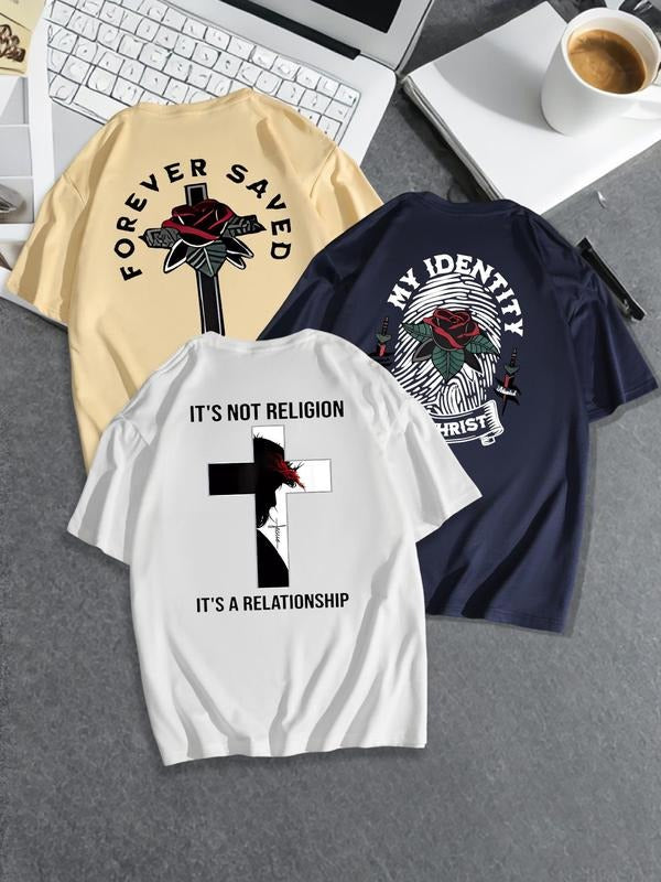 Men'WB shield Letter & Cross Print Short Sleeve Tee, Regular Fit Casual Round Neck T-shirt for Summer, Men'WB shield Top...