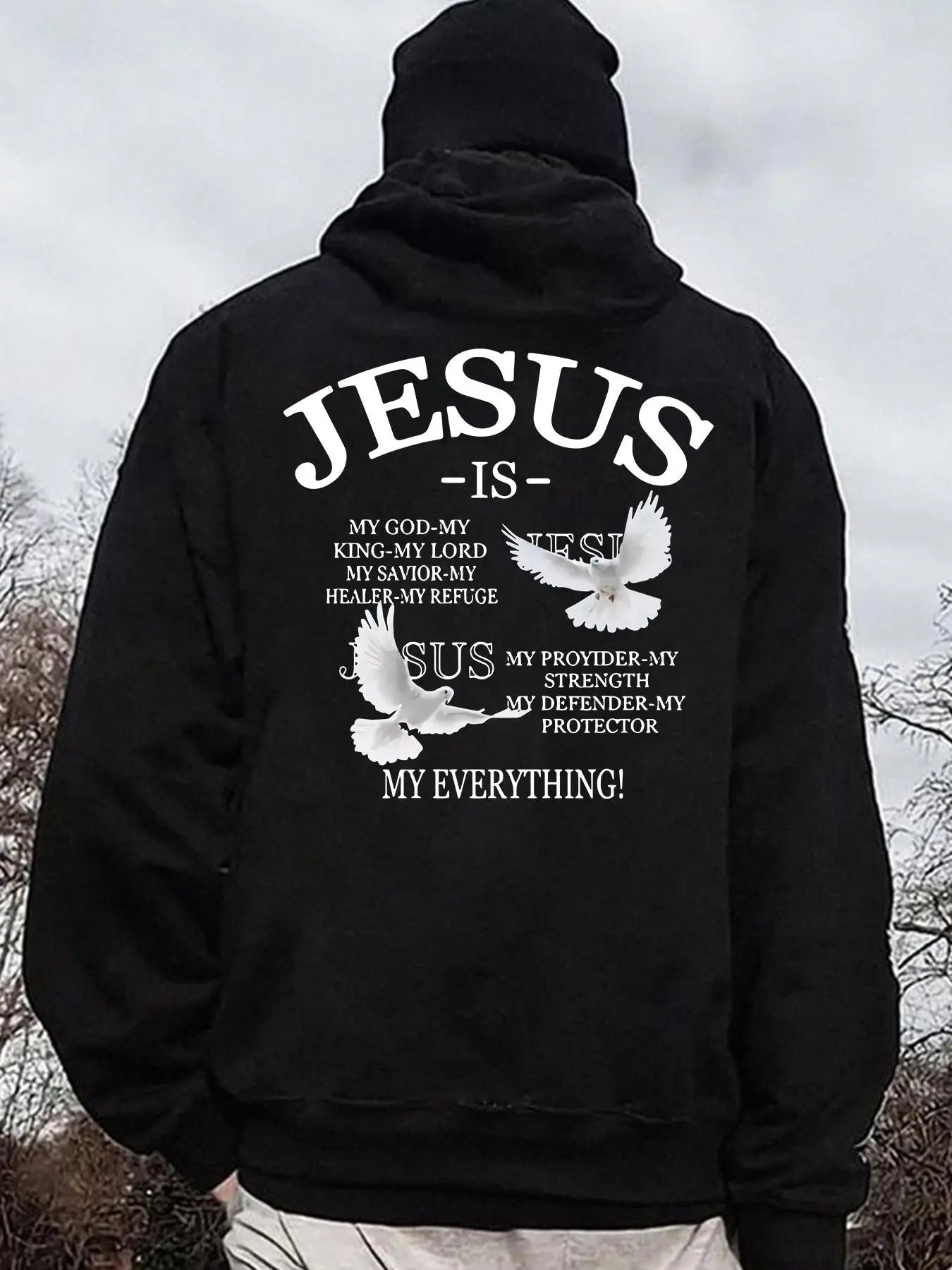 Men'WB shield Letter & Dove Print Drawstring Hoodie, Casual Comfy Regular Fit Pocket Hooded Sweatshirt for Daily Wear,...