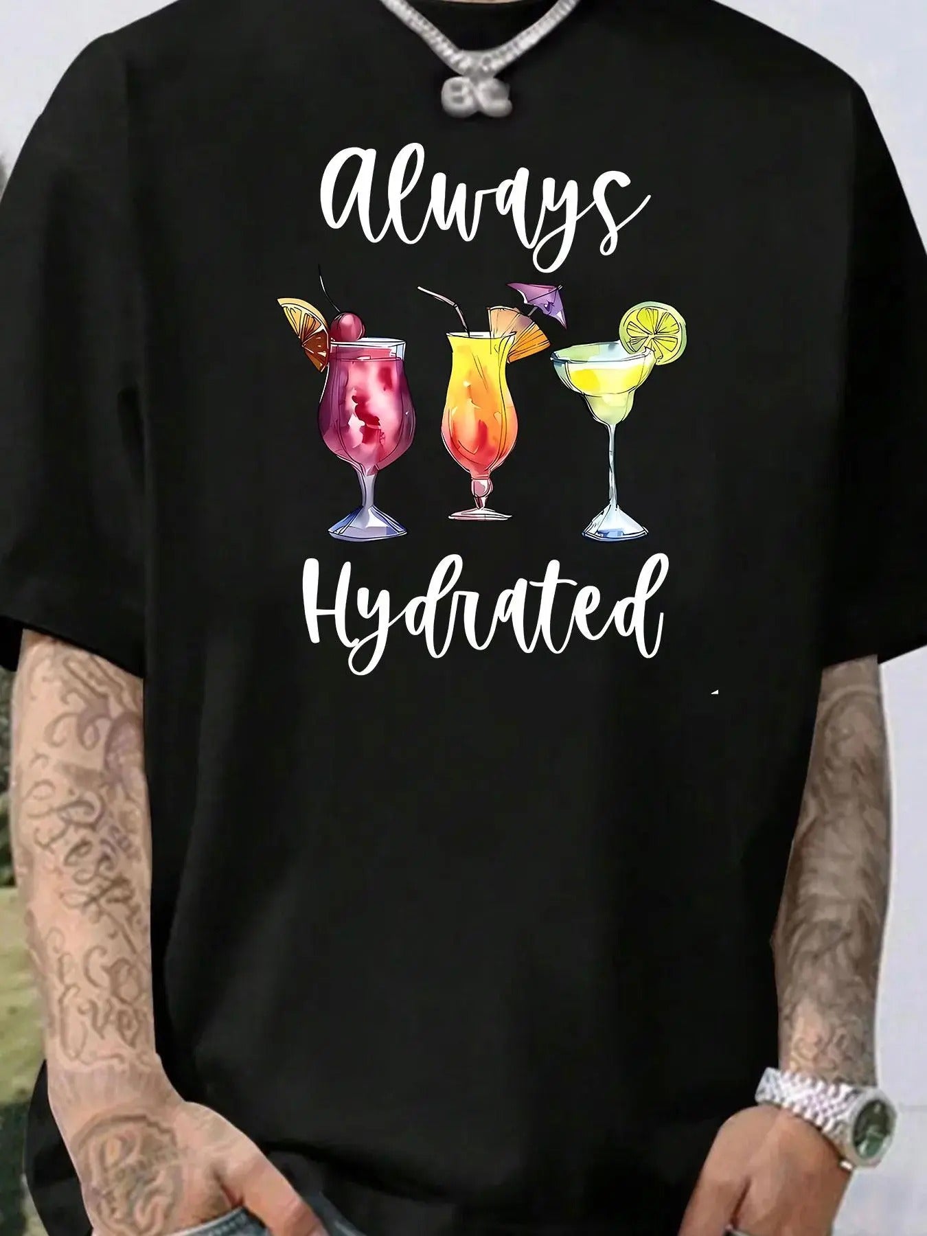 Men'WB shield Letter & Drink Print Round Neck Tee, Loose Casual Fashion Short Sleeve T-shirt for Summer, Men'WB shield...