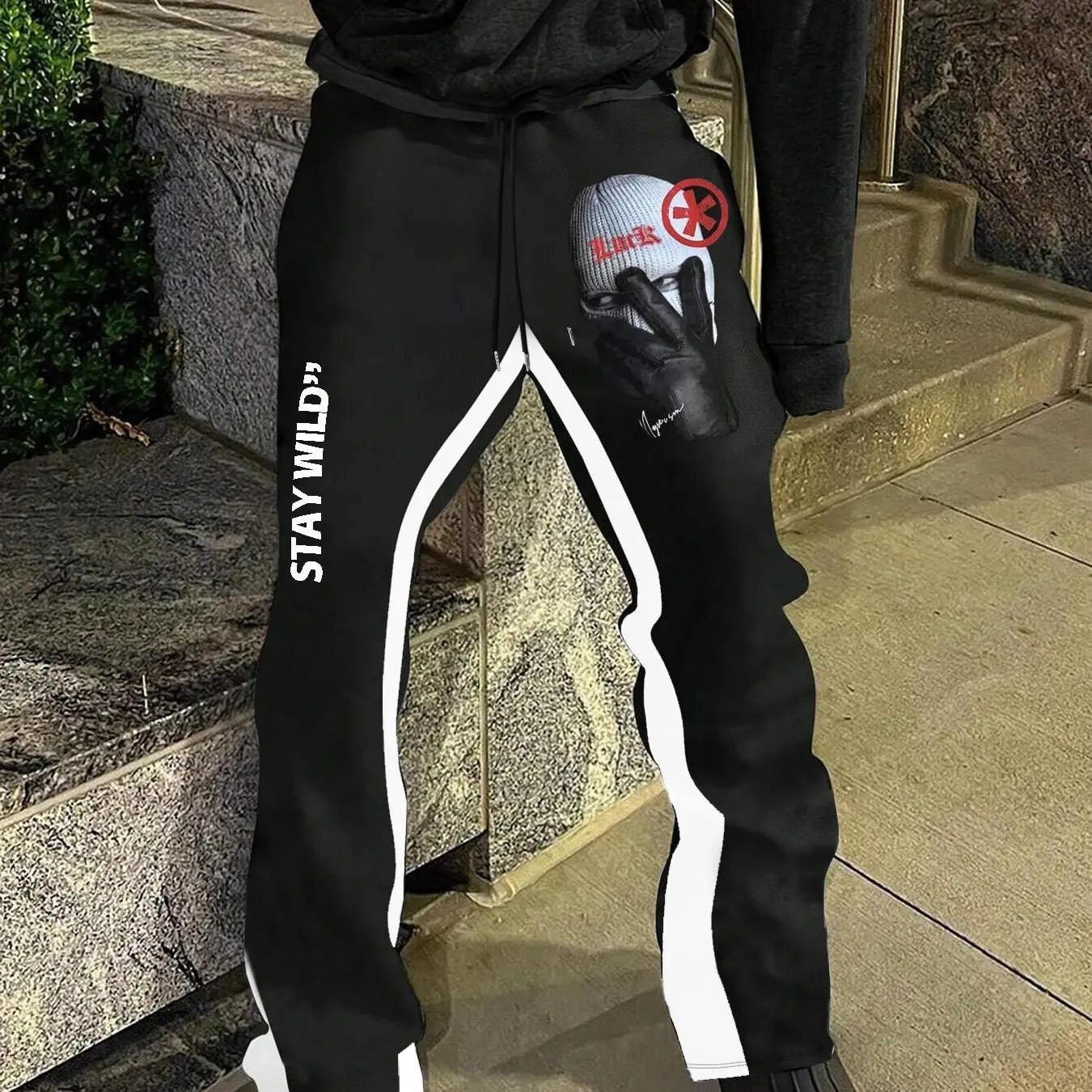 Men'WB shield Letter & Figure Print Drawstring Waist Flare Leg Pants, Comfortable Casual Trousers with Pockets,...