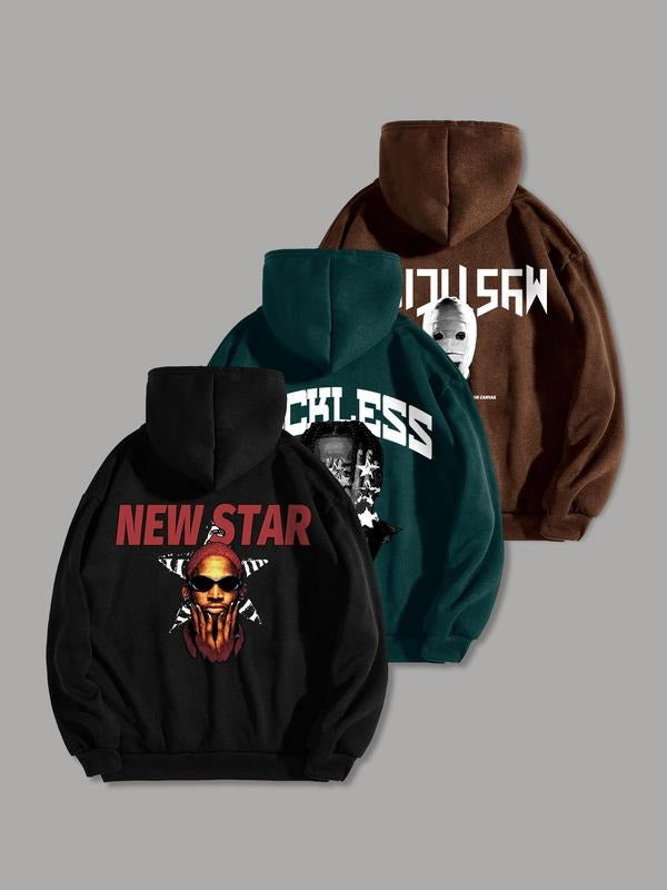 Men'WB shield Letter & Figure Print Drop Shoulder Hoodie, Fashion Casual Regular Fit Drawstring Pocket Hooded Sweatshirt...
