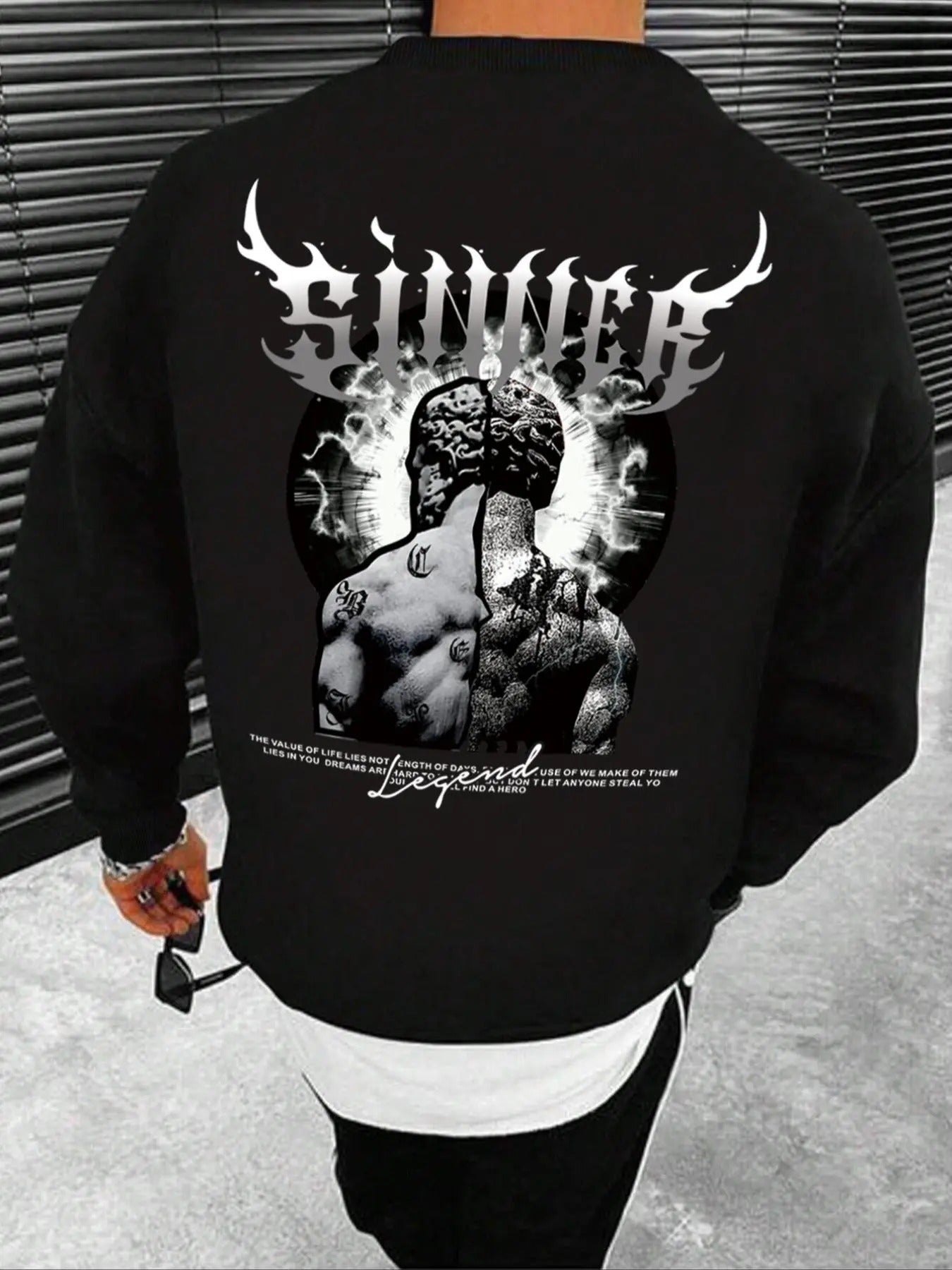 Men'WB shield Letter & Figure Print Drop Shoulder Sweatshirt, Regular Fit Casual FOG Comfy Long Sleeve Round Neck...
