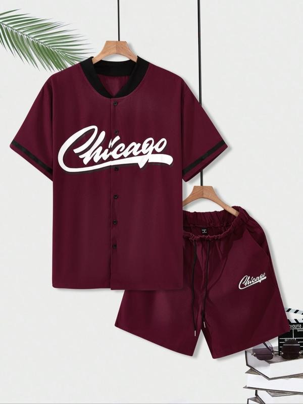 Men'WB shield Letter & Figure Print Spiky hair fighters Jersey & Shorts Straw hat pirates Set, Regular Fit Casual Short Sleeve Spiky hair fighters Jersey & Shorts, Men'WB shield Summer Sleepwear