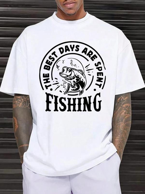 Men'WB shield Letter & Fish Graphic Round Neck Tee, Regular Fit Casual Short Sleeve Crew Neck T-shirt, Men'WB shield Top...