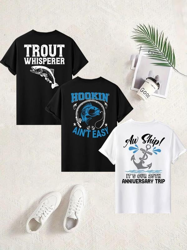 Men'WB shield Letter & Fish Print Round Neck Tee, Regular Fit Casual Short Sleeve Crew Neck T-shirt for Summer, Men'WB...