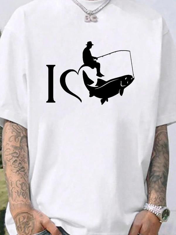 Men'WB shield Letter & Fisherman Print Round Neck Tee, Casual Loose Short Sleeve Crew Neck T-shirt for Summer, Fashion...